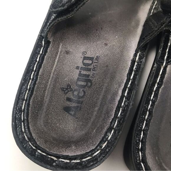 Alegria Black Leather T Strap Diamond Button Slip On Wedge Heel Support Sandals - Picture 11 of 14